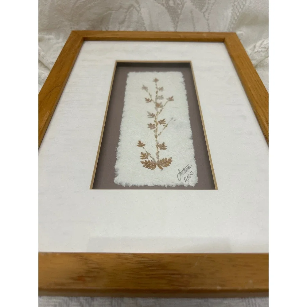 Vintage‎ Signed Pressed Botanical Leaf Art Framed Handmade Paper 2000 12x8.5in